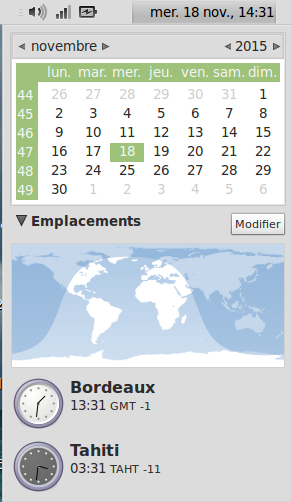 Capture d'écran "horloge" de Gnome : Bordeaux et Tahiti